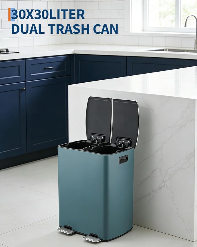 16 Gallon (60L) Dual Compartment Step Trash Can, Stainless Steel Kitchen Garbage Can for Trash and Recycling, Soft Close Lid, Odor Control, Hands Free, Black