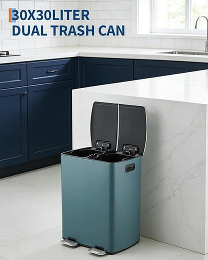 PrecisionAuto 60L Dual Compartment Kitchen Trash Can – Stainless Steel, Soft-Close Lid, Odor Control, Hands-Free Step Pedal, Removable Leak-Proof Bins, Large Waste & Recycling Capacity, Fingerprint