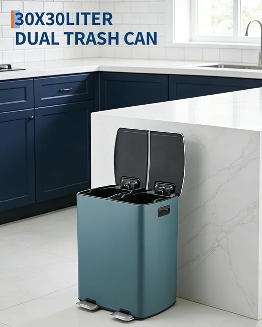 Takywep 60 L / 16 Gal Dual Compartment Step Trash Can, Hands-Free Recycling Bin, Soft-Close Lid, Brushed Stainless Steel for Kitchen, Home, Office, Garage