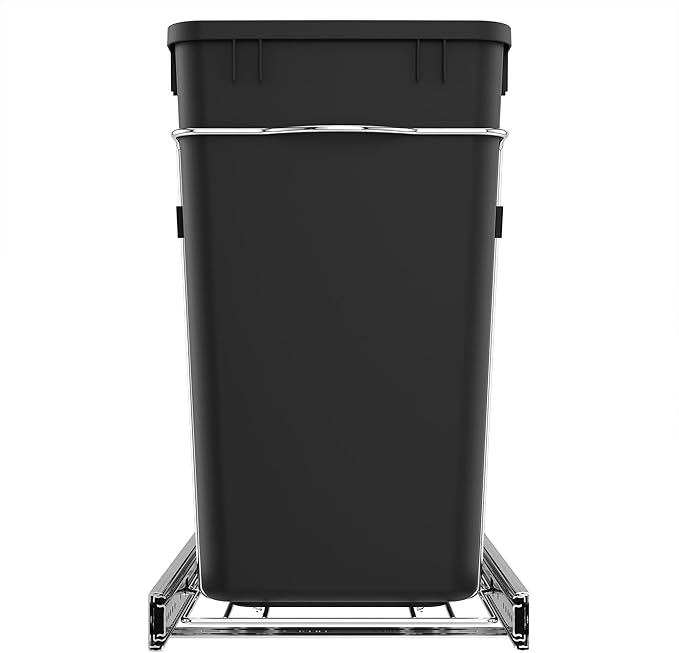 Rev-A-Shelf Double 27 Qt Pullout Trash Can for Base Kitchen Cabinets, Garbage Waste Bin System with Full Extension Slides, Min Opening Width of 11.5", Black, RV-15KD-18C S