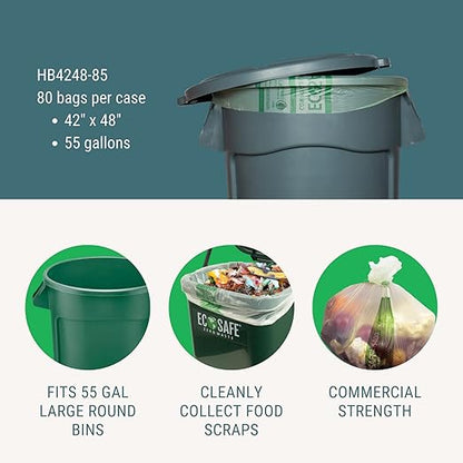 EcoSafe-6400 HB4248-85 Certified Compostable Bag - 42x48” Green Bags for 55 Gallon Bin - Extra Strong Leak, Puncture and Tear Resistant Food Scraps Bin Liners, Pack of 80