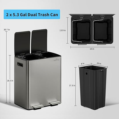 mVm Dual Trash Can, 2x5.3 Gal Stainless Steel Step Trash Can with Thick Lids, 2 Compartment Recycle Bin for Home Kitchen Office (Gray)