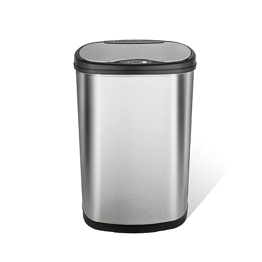 Ninestars 13 Gallon Oval Automatic Trash Can, 50L Touchless Motion Sensor Garbage Can with Odor-Sealing Lid & One-Touch Manual Mode, Silver Stainless Steel, Black Trim