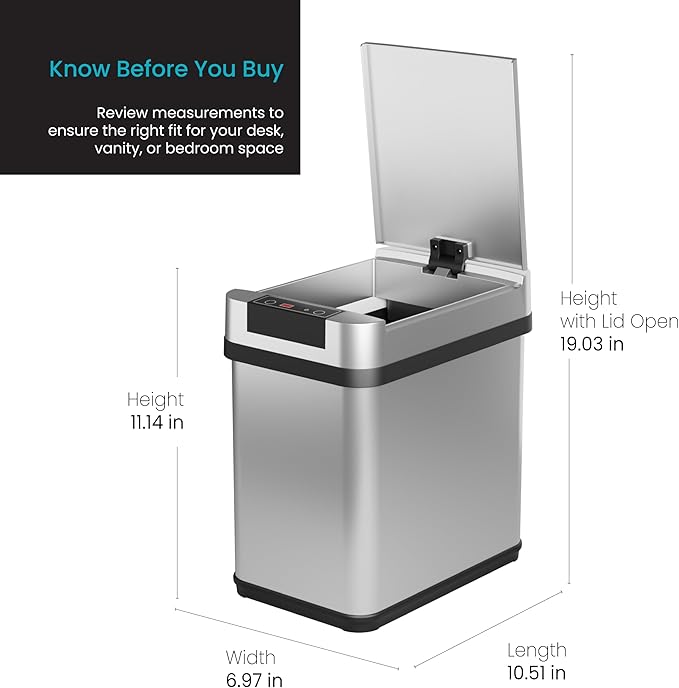 Home Zone Living 2 Gallon Small and Slim Motion Sensor Trash Can with Touch Control Lid, Stainless Steel, Silver