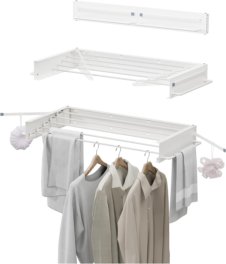 JOOM Laundry Drying Rack Collapsible, Wall Mounted Drying Rack, Clothes Drying Rack, 31.5" Wide, 5 Aluminum Rods, 60 lb Capacity (White 31.5" with Hooks)