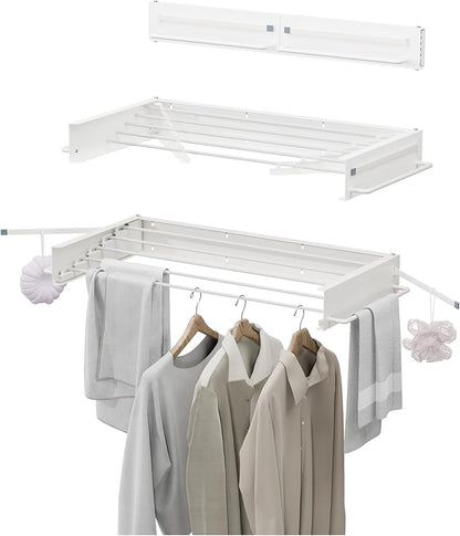 JOOM Laundry Drying Rack Collapsible, Wall Mounted Drying Rack, Clothes Drying Rack, 31.5" Wide, 5 Aluminum Rods, 60 lb Capacity (White 31.5" with Poles)