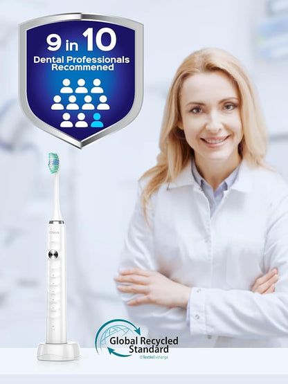 COSLUS Sonic Electric Toothbrush for Kids & Adults C40(DY-108Pro): 47000 VPM for Deep Cleaning with Travel Case - 5 Modes for Sensitive Teeth & Braces, Wireless Charging, 6 Brush Heads, White (1PC)