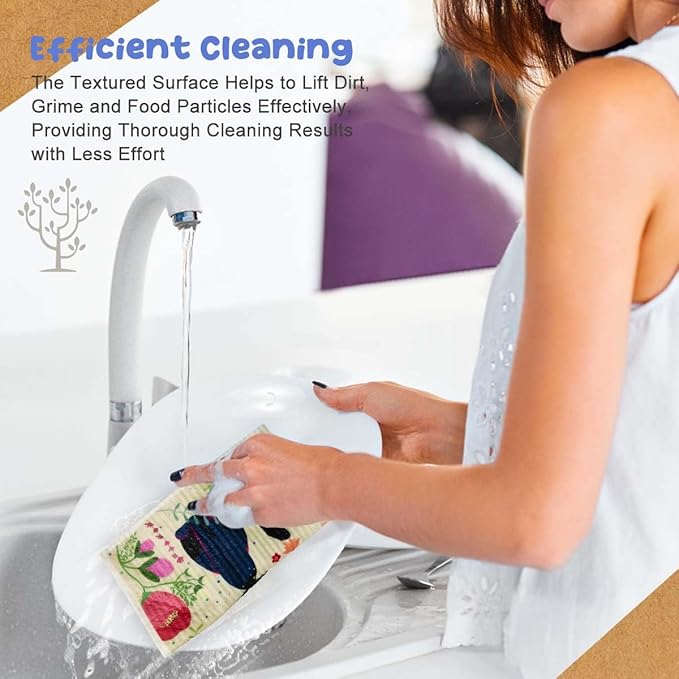 CONLI 6 Pack Swedish Dishcloth Reusable Dish Cleaning Towels Super Absorbent Fast Drying Cloths for Kitchen Cleaning - 6 Assortment Designs (H-Flower CAT Dog)