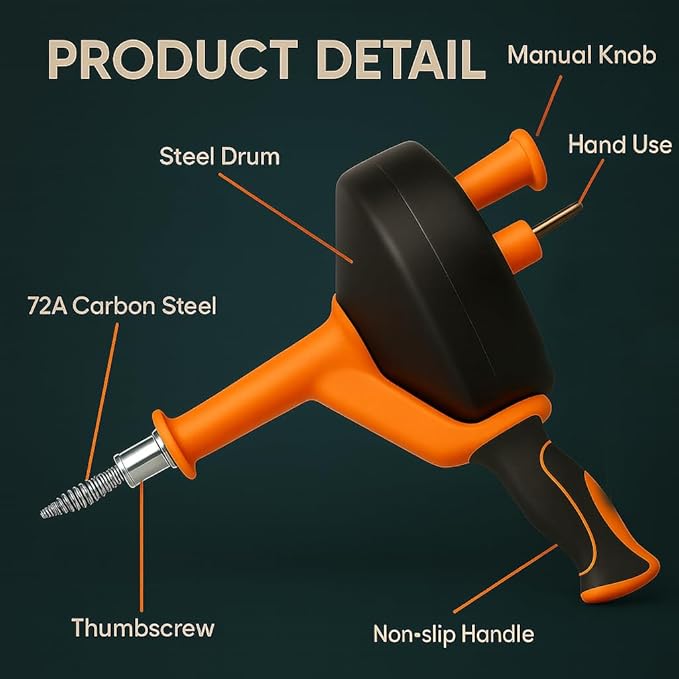 42 FT Drain Snake Hair Drain Clog Remover, Manual Or Powered, Plumbing Snake With Drill Adapte,Unclog Sink Drain Tool, Drain Auger for Toilet、Shower、Kitchen、Sink, No Auto Retract Or Feed, Orange
