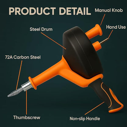 42 FT Drain Snake Hair Drain Clog Remover, Manual Or Powered, Plumbing Snake With Drill Adapte,Unclog Sink Drain Tool, Drain Auger for Toilet、Shower、Kitchen、Sink, No Auto Retract Or Feed, Orange