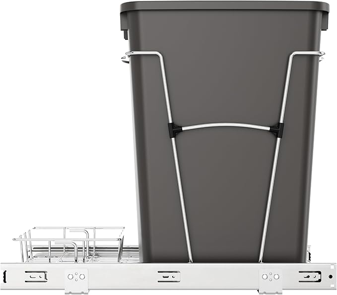 Rev-A-Shelf Single 35 Qt Pullout Trash Can for Base Kitchen Cabinets, Garbage Waste Bin System with Full Extension Slides, Min Opening Width of 11.5", Orion Gray, RV-12KD-13C-S