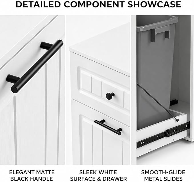 13 Gallon Pull Out Trash Can Cabinet with Drawer, Hidden Kitchen Garbage Cabinet, Freestanding Modern Farmhouse Waste Bin Furniture, White