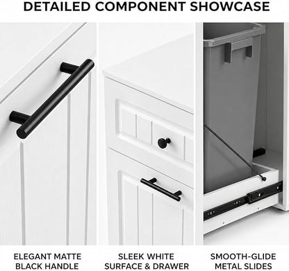13 Gallon Pull Out Trash Can Cabinet with Drawer, Hidden Kitchen Garbage Cabinet, Freestanding Modern Farmhouse Waste Bin Furniture, White