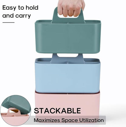Multiuse Caddy Organizer with Handle, Portable Divided Plastic Tote Bin - Art Craft, Stationary Pen Marker Crayons, Makeup Hair Supplies Storage - Bathroom, Classroom, Dorm, Office, Desk Holder - Cyan