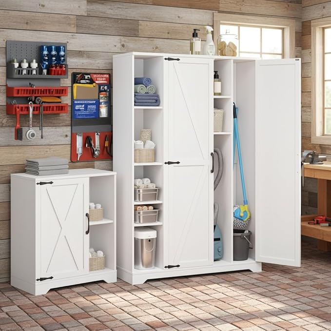 YITAHOME Wooden Garage Broom Cabinets with Adjustable Shelves, Multifunctional Organizer for Ironing Boards and Vacuum Cleaners, Tool Storage Cabinet for Gym, Basement, Warehouse, Oak White