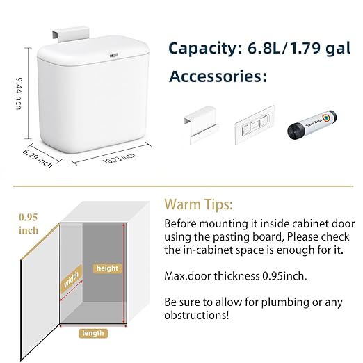 MUEE Compost Bin Kitchen for Counter Top or Under Sink, Hanging Small Trash Can with Lid [1.8 Gal/6.8L], Food Waste Bin, Mountable Garbage Can for Cupboard/Bathroom/Bedroom/Office/RV, Matte White