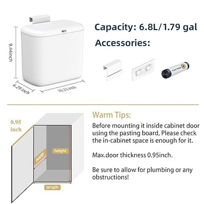 MUEE Compost Bin Kitchen for Counter Top or Under Sink, Hanging Small Trash Can with Lid [1.8 Gal/6.8L], Food Waste Bin, Mountable Garbage Can for Cupboard/Bathroom/Bedroom/Office/RV, Matte White