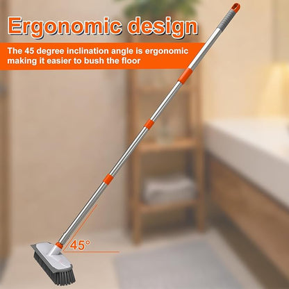 ITTAR Floor Scrub Brush with Long Handle, 12" Wide 2-in-1 Deck Brush and Squeegee with 55" Stainless Steel Pole, Heavy-Duty Stiff Bristles for Shower, Tile, Garage, Patio & Kitchen-Orange