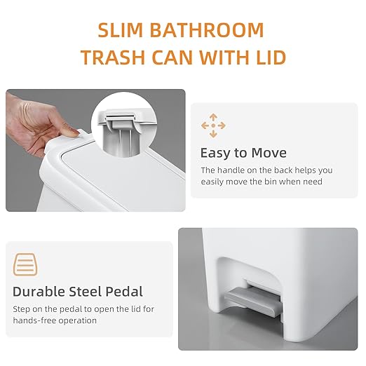 MOPALL 2.7 Gallon Small Bathroom Trash Can with Lid Soft Close, Garbage Can with Press Top Lid & Foot Pedal, Step Trashcan Slim Trash Bin Waste Basket for Toilet, Office, Bedroom, Kitchen, Living Room