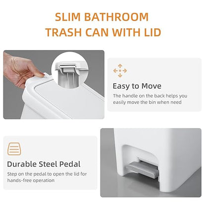 MOPALL 2.7 Gallon Small Bathroom Trash Can with Lid Soft Close, Garbage Can with Press Top Lid & Foot Pedal, Step Trashcan Slim Trash Bin Waste Basket for Toilet, Office, Bedroom, Kitchen, Living Room