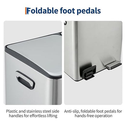 Dual Compartment Trash Can, 2 x 5.3 gal, 20L x 2 Stainless Steel Recycling Bin, Modern Kitchen Trash Bin with Foldable Anti-Slip Foot Pedal, Soft-Close Lid, Removable Inner Buckets, Kitchen Garbage
