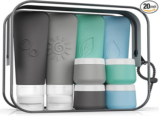 20-Piece Silicone Travel Bottles Set – TSA Approved Leakproof Toiletry Kit with Flat Easy-Squeeze Bottles, Tactile Icons, Cream Jars, Pump & Spray, Cleaning Brush