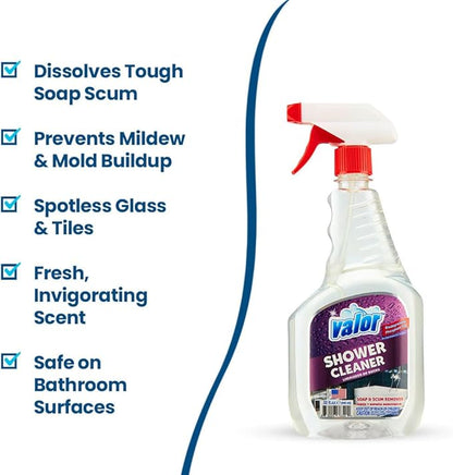 Valor Shower Cleaner Spray – Soap Scum & Hard Water Stain Cleaning Solution for Bathroom, Tub & Tile, (32 Fl Oz (Pack of 1))