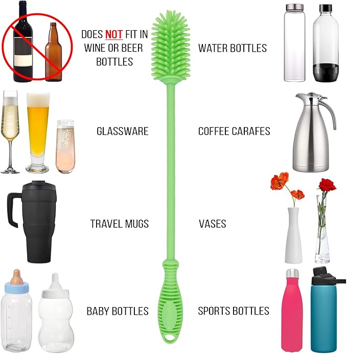 Kitchiny Silicone Bottle Brush with 2 Straw Cleaners - 12.5” Water Bottle Cleaner Brush for Yeti, Hydro Flask, Owala, Stanley, Baby Bottles, Glassware, Vases & Narrow Neck Containers - Green