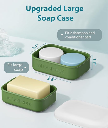 Quatish Large Leakproof Travel Soap Case, Solid Shampoo Bar Holder, Silicone Soap Box with Draining Layer, Enhanced Soap Container, Suitable for Camping, Gym, Bathroom, Outdoor Essentials, Green