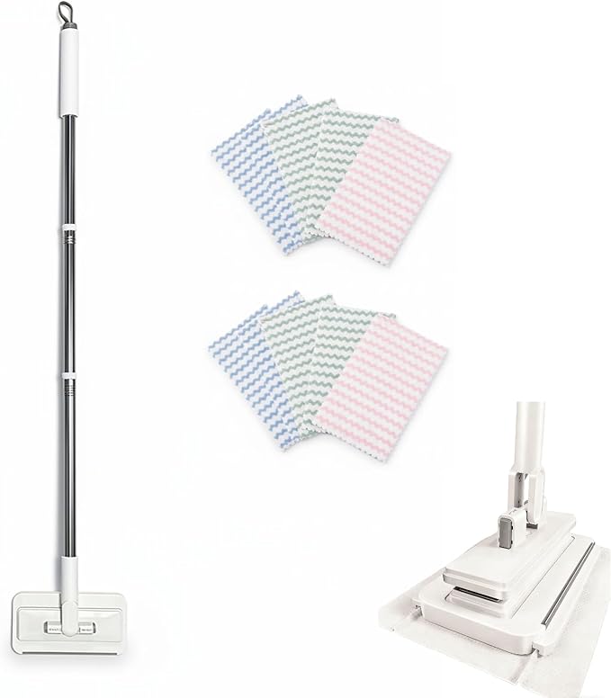 Push Clamp Mini Mop Stick with 39in Short Handle — Zero-Touch Gap Dust Cleaner & Press Lock Small Mop Head, Lazy Mops Wet and Dry for Kitchen Bathroom Toilet Cleaning with 10 Cloths