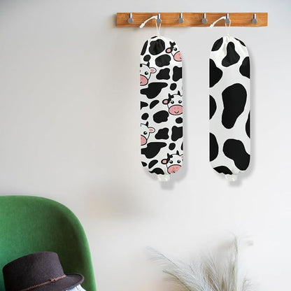 2Pcs Cow Plastic Bag Holder 22.5x9 Inch, Cute Cows Wall Mount Plastic Bag Organizer with Drawstring, Reusable Grocery Bags Storage Dispenser for Home Kitchen Pantry Decor, Cow Gifts for Women Mom