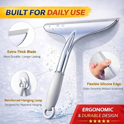 Shower Squeegee for Glass Shower Doors Bathroom Tile Mirror – Streak-Free Silent Window Cleaner with Non-Slip Handle and Adhesive Hook for Car and Home Cleaning