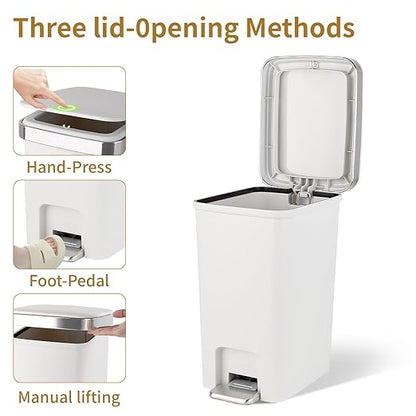 Small Bathroom Trash Can with Lid and 3 Rolls Trash Bags, Step Pedal Wastebasket Plastic Garbage Can with Pop-Up Lid 2.6 Gallon Bin for Kitchen, Bedroom, Office, Dorm, Laundry, Toilet, Rv, White