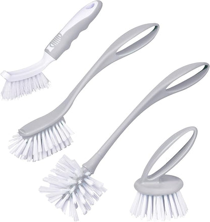 Dish & Bottle Brush Set, 4-Piece Kitchen Cleaning Brushes, Gray, Plastic Handles, Medium Bristles (Nylon or Polyester)