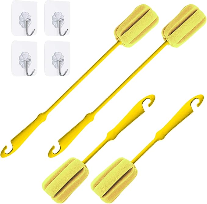 4PCS Yellow Soft Sponge Bottle Cleaning Brush Plastic Handle Cup Brush Scrubber Washing Brush vase Bottle Pot Cleaner（2 Size 10”15”）