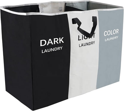 168L Laundry Hamper, Large Blanket Storage Basket Sorter 3 Section Bag Organizer for Dirty Clothes - Toys - Towel,15 X 23 X 28 inch Heavy Duty Laundry Cart Baskets (Black and white gray bag)