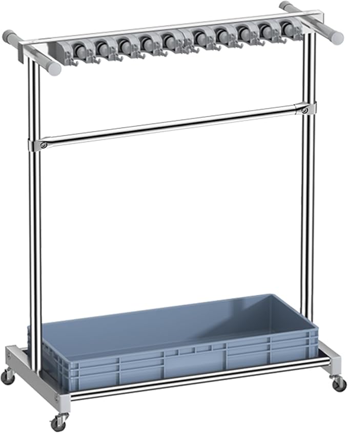 Movable Broom Mop Holder, Floor Standing Cleaning Tool Cart Storage, Freestanding Cleaning Supplies Organizer Wet Mop Drain Rack Housekeeping Station Storage Tools for Home Garage Schools