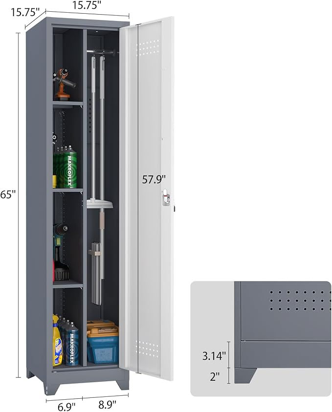 Broom Closet Utility Storage Cabinet with Locking Door and 2 Shelves, 65" H Slim Tool Cabinet for Broom and Mops (Gray,65“H-1 Door) (GrayWhite, 65" H-1Door)
