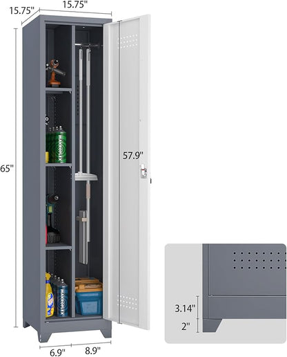 Broom Closet Utility Storage Cabinet with Locking Door and 2 Shelves, 65" H Slim Tool Cabinet for Broom and Mops (Gray,65“H-1 Door) (GrayWhite, 65" H-1Door)