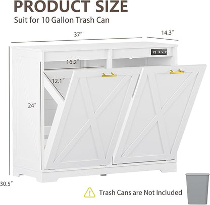 Double Tilt Out Trash Can Cabinet, Wooden Farmhouse Kitchen Garbage Bin Enclosure with Negative Ion Odor Control, Hidden Dog Proof Trash or Laundry Basket Storage for Laundry Room, White