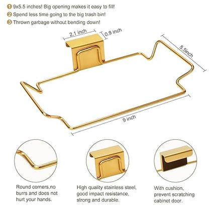 2 Pcs Large Stainless Steel Trash Bag Holder for Kitchen Cabinets Doors and Cupboards, Under Sink, Garbage, Kitchen Waste Can, Trash Cans, Gold