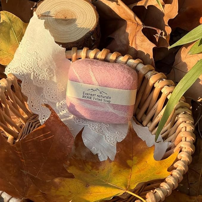 Handmade Felted Soap with Tibetan Yak Milk & Wool Natural Exfoliating Bar for Face & Body, 6 Scents, Includes Bamboo Dish & Travel Pouch (Rose)