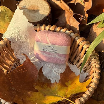 Handmade Felted Soap with Tibetan Yak Milk & Wool Natural Exfoliating Bar for Face & Body, 6 Scents, Includes Bamboo Dish & Travel Pouch (Rose)