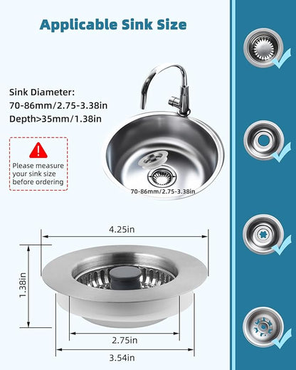 Hygie Rinse All Metal Sink Drain Strainer for Kitchen Sink 2PACK Pop Up 3-in-1 Sink Stopper Drainer with Additional 2pcs Strainers for US Standard 3-1/2 inch Drain Filter, Anti-clog
