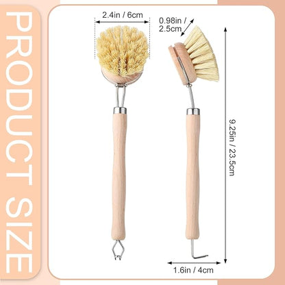 Maxdot 10 Pcs Kitchen Dish Brush with Beechwood Handle Natural Wooden Handle Scrub Brush Fiber Bristles Dish Scrub 2 Inch Replacement Head for Pots Pans Utensils Washing Supplies