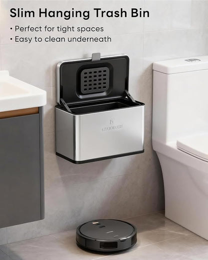 Kitchen Mini Compost Bin, 4L/1G Small Trash Can with Lid, Slim Stainless Steel Hanging Garbage Bin for Kitchen, Bathroom, Bedroom, Office, Wall Mounted Compost Bin with Inner Bucket, Silver