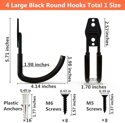 Heavy Duty Garage Storage Utility Double Hooks, Wall Mount Tool Holder Organizer with Anti-Slip Coating (4 Pack Black 4.2" Large Round J Hook)