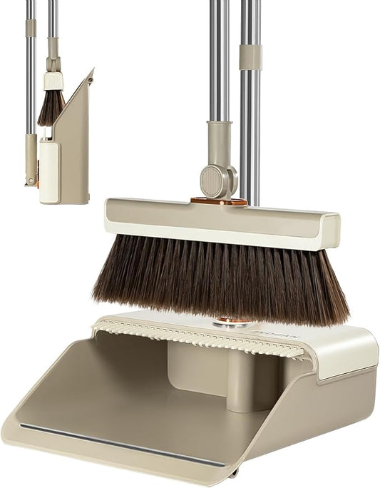 INDCAN Broom and Dustpan Set for Home, 54 Inch Long Handle Upright Broom, Rotatable Broom Head with Magnetic Mount & Self-Cleaning Teeth Comb, Indoor Floor Sweeping Set (Santra Pro) - Sandstone Beige