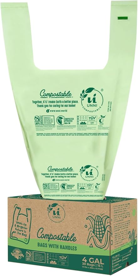 UNNI 4 Gallon Compostable Trash Bags with Tie Handles, 30 Count Small Food Scrap Kitchen Compost Bags for Countertop Bin, Certified by BPI, CMA & OK compost HOME, Meets ASTM D6400