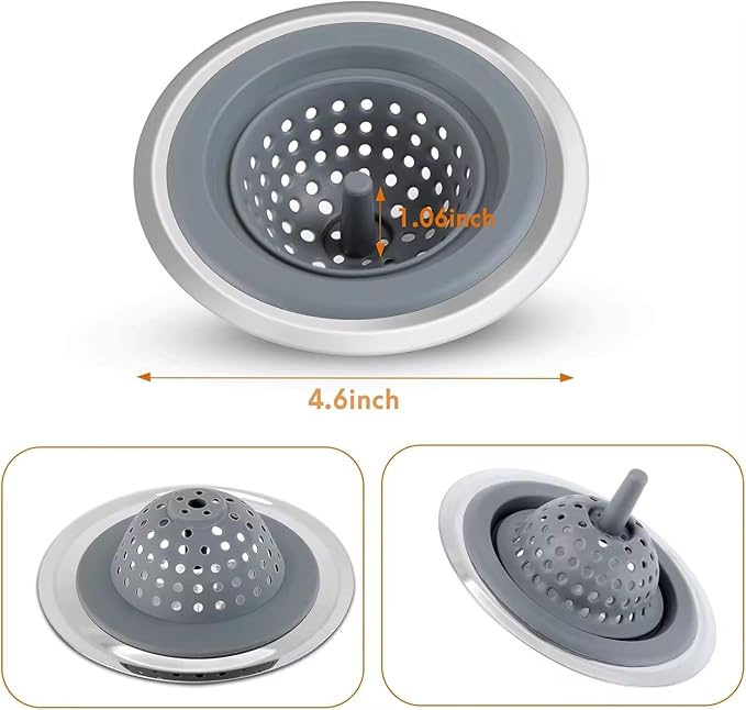 Kitchen Sink Strainer 2 Pack, Stainless Steel Rim with Silicone Basket, Anti-Clog Sink Drain Catcher, Food Strainer for Kitchen Sink, Fits Standard Drains, Black